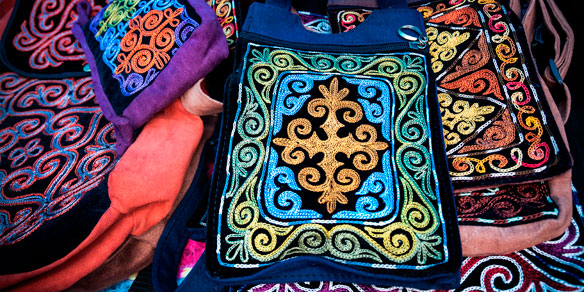 Kazakh ethnic bags with ornament in the market at Nauryz celebration in Almaty, Kazakhstan, central Asia