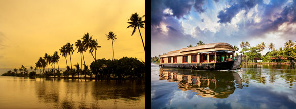 Evening scene at the backwaters and House boat in Alappuzha, Kerala, India