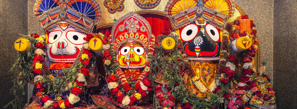 Jagannath idol with elder brother Balabhadra and sister Subhadra, Hindu Temple, believed to be avatar of Lord Vishnu
